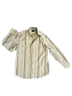 INDIGO PALMS ~ Men's Green and Off White Embroidered Striped Shirt size L